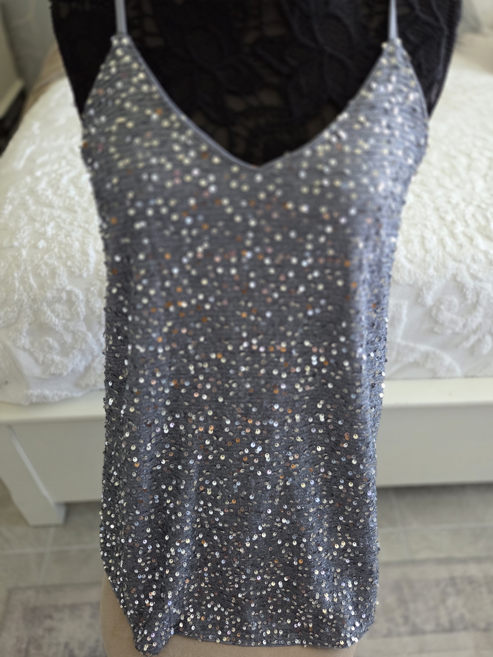 Sequined Grey Spaghetti Strap Cami Dress